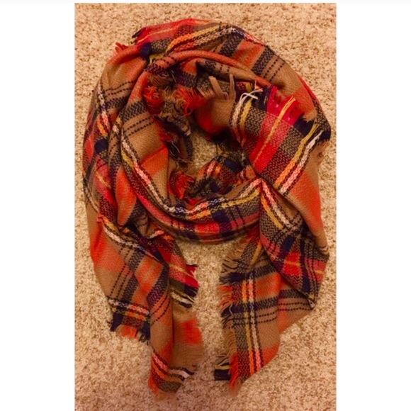 UNIQUE ORANGE PLAID SQUARE BLANKET SCARF-SOFT - Picture 2 of 3