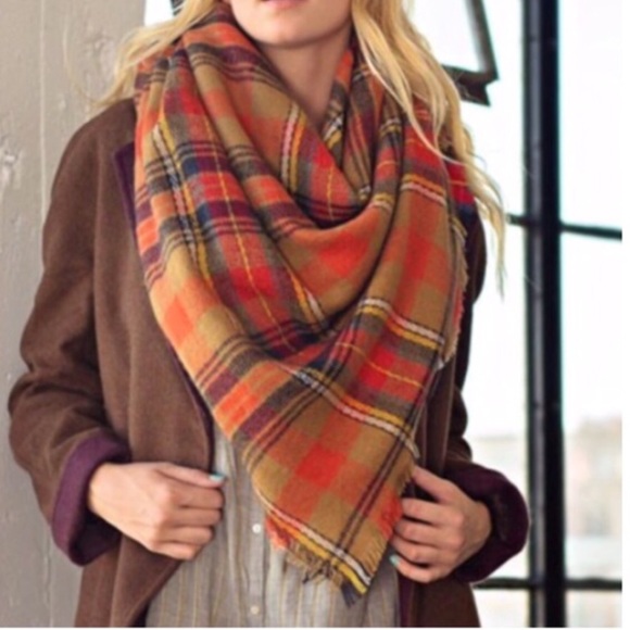 Boutique Accessories - UNIQUE ORANGE PLAID SQUARE BLANKET SCARF-SOFT