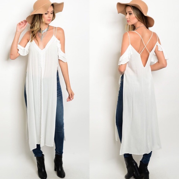 White Cold Shoulder Slit Boho Tunic - Picture 2 of 2