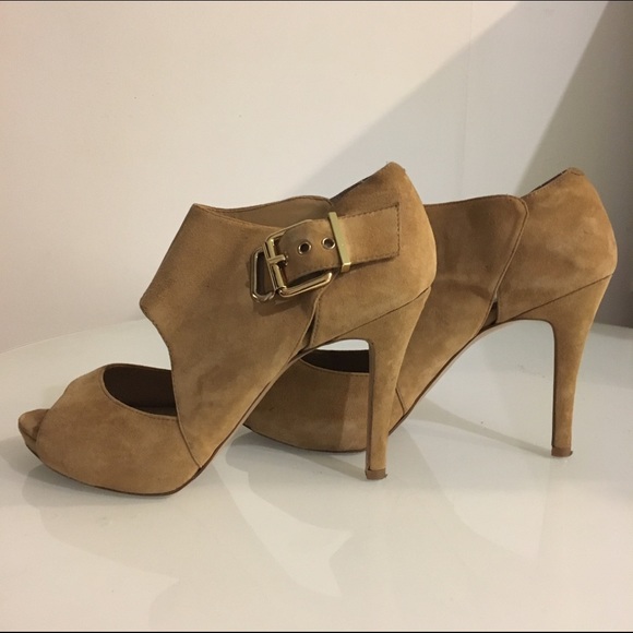 taupe nude genuine suede open toe heel booties