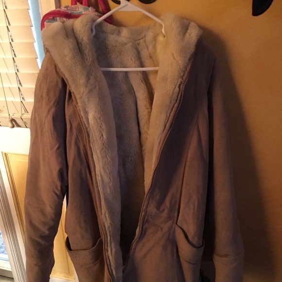Suede fur coat with hood