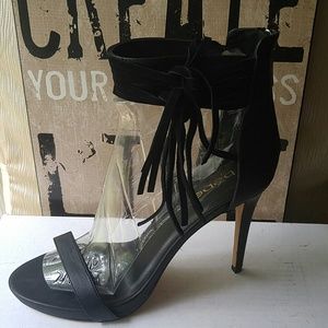 Bebe Black Leather Sandals w/Fringe Detail, New!