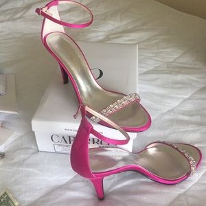 Hot pink strappy sparkly sandals. Ankle straps.