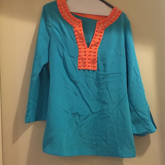 Trina Turk Blue Silk Beaded Tunic