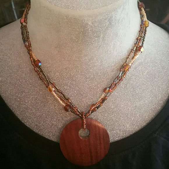 Beaded Necklace with Wooden Pendant