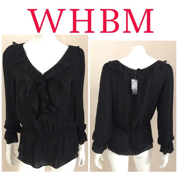 🆕WHBM Black Silk Long Sleeve Ruffle Blouse Medium