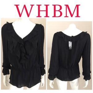 🆕WHBM Black Silk Long Sleeve Ruffle Blouse Medium