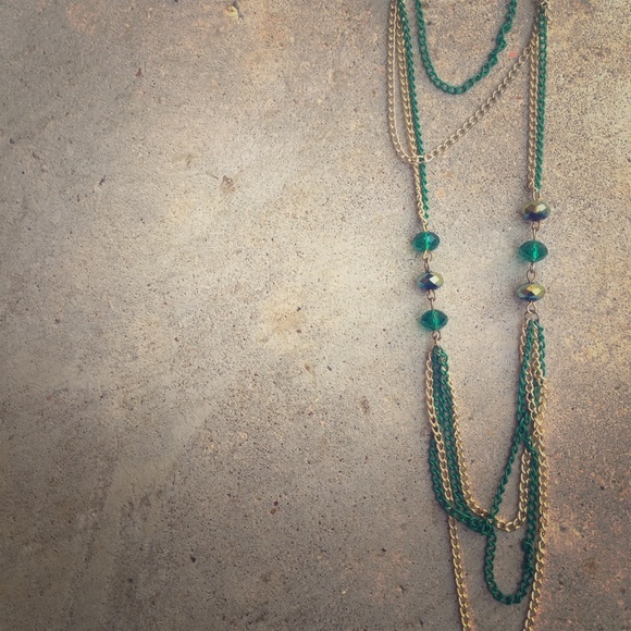 Jewelry - Long Green and Gold Statement Necklace