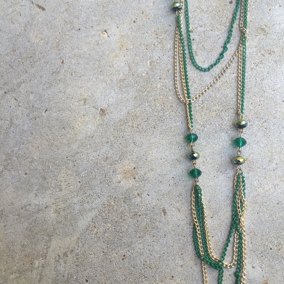 Long Green and Gold Statement Necklace - Picture 2 of 4