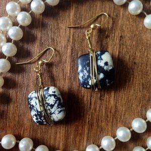 Black & White Marble Print Gold Wire Wrap Earrings