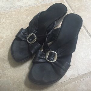 Onex black leather slip on wedges