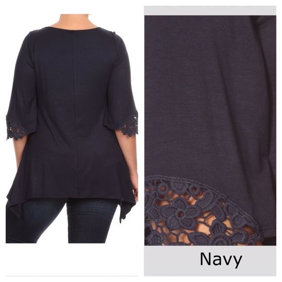 NWT Navy Blue Solid Top with Lace Trim - Picture 3 of 3