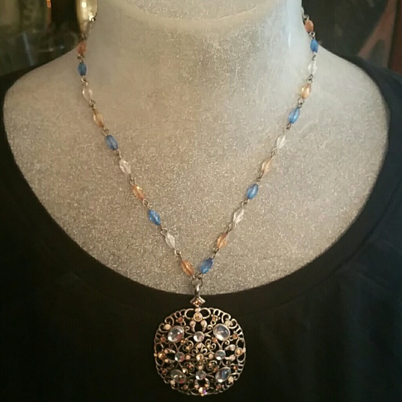 Blue Peach and Clear Beaded Necklace