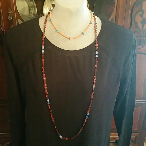 Two Blue and Brown Beaded Beachy Necklaces