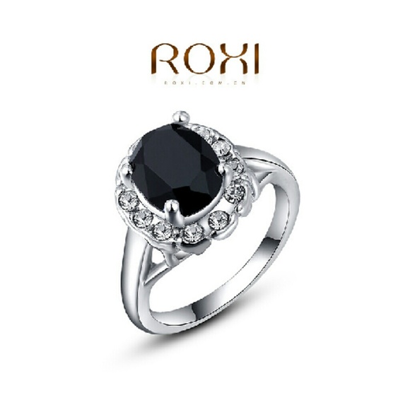 Beautiful Black Zircon and Crystal Ring, Size 6
