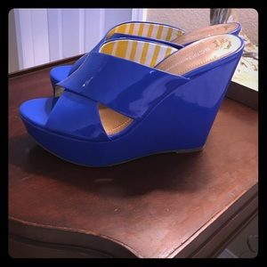 Blue platform wedge peep toe sandals