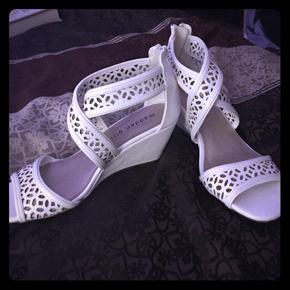 White Low Wedge Laser Cut Sandals