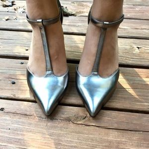 Silver ALDO T strap heels