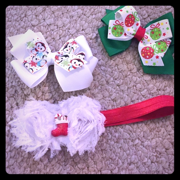 Two holiday hair clips and one holiday headband