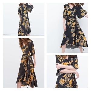 Zara Yellow & Navy Wrap Dress - Floral Print