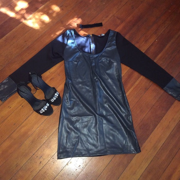Black long sleeve faux leather mini dress