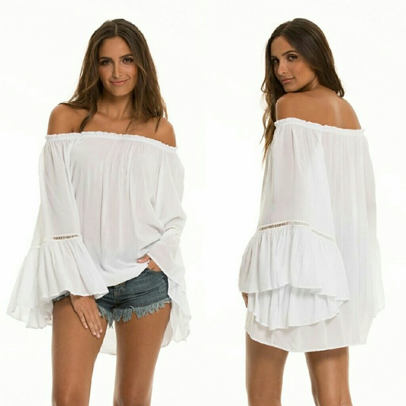 Elan White Boho Off Shoulder Top Tunic Beach Cover - Picture 2 of 3