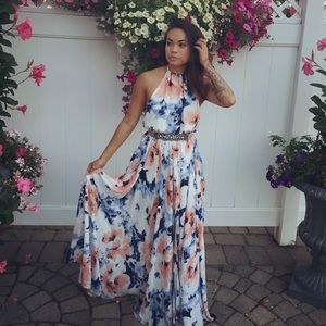 PEACH AND BLUE FLORAL PRINT MAXI DRESS