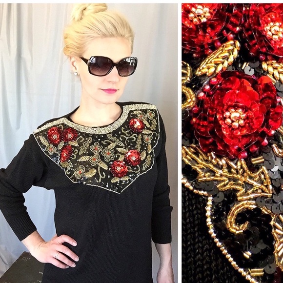 Sequin Sweater MEDIUM Black Gold Beaded