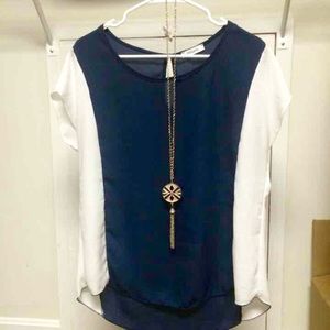 Navy & White blouse with gold necklace
