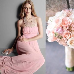 Pearl Jeweled Necklace Halter Mesh Gown