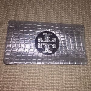 Tory Burch Silver Croc Embossed Clutch