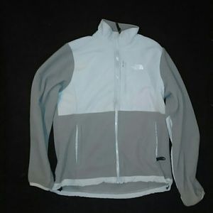 Gray and white North Face jacket