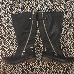 Knee high zip up black motorcycle boots