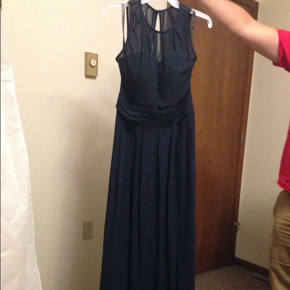 Navy illusion neckline bridesmaid dress