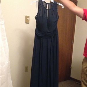 Navy illusion neckline bridesmaid dress