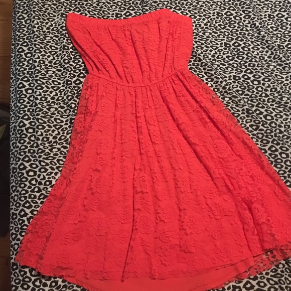Coral lace strapless dress