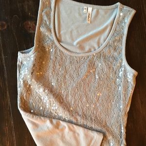 Light grey lace detail sequin tank top