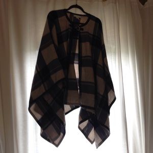Blue and cream faux leather trim poncho