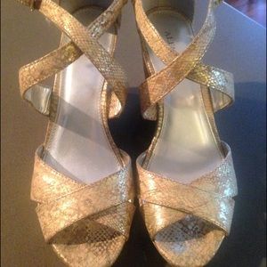 Alfini gold snakeskin wedges
