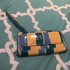 blueish, yellowish, greenish hand purse