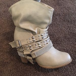 Tan ankle booties with rhinestones and heel