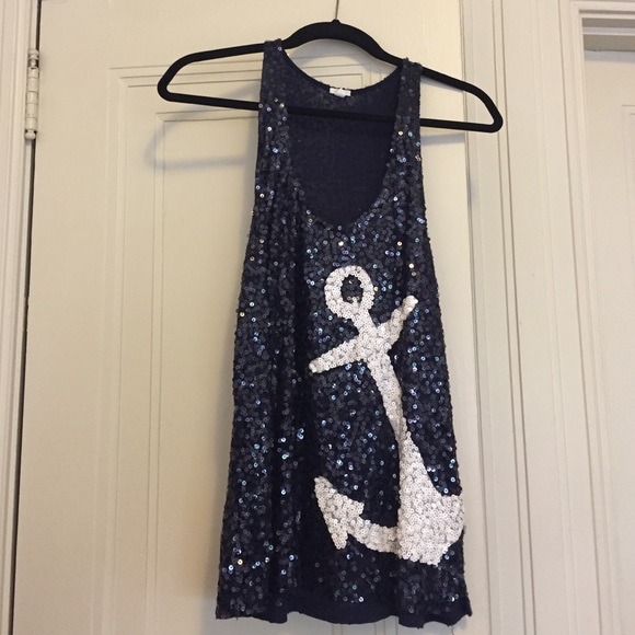j crew navy and white sequin tank with anchor
