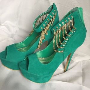 Turquoise platform peep toe heels