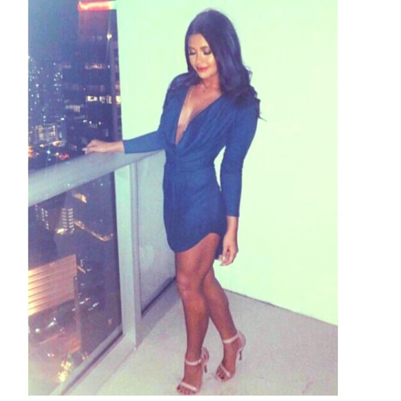 Blue suede deep V mini dress
