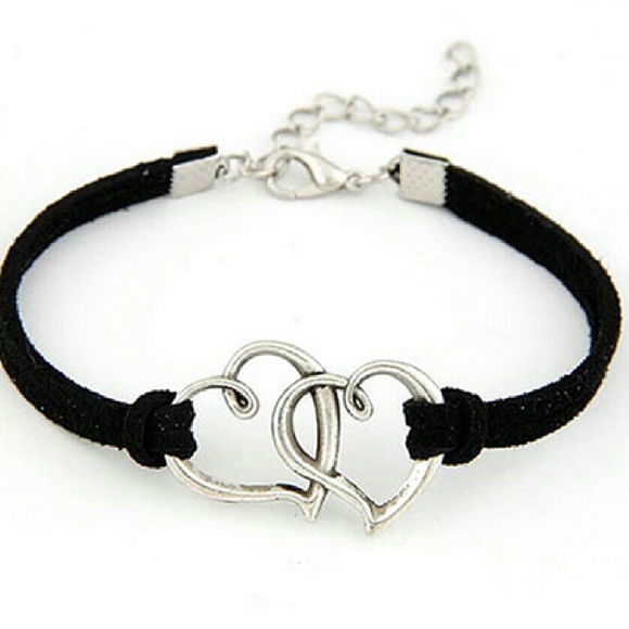 Jewelry SILVER DOUBLE HEART BLACK LEATHER BRACELET - Picture 3 of 5