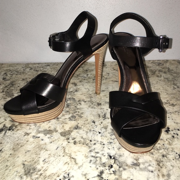 Black leather coach strapy platform heels - Picture 1 of 4