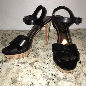 Black leather coach strapy platform heels