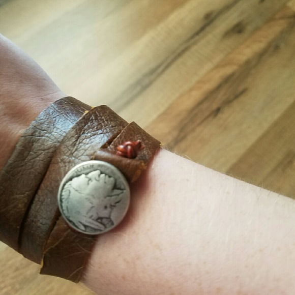 Handmade leather wrap bracelet with Indian head