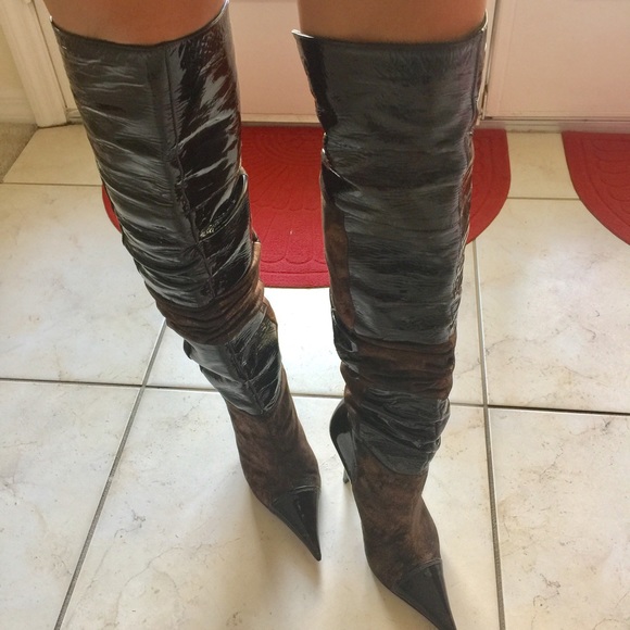 Aldo Shoes Patent Leather And Suede Brown Over The Knee Boots Poshmark