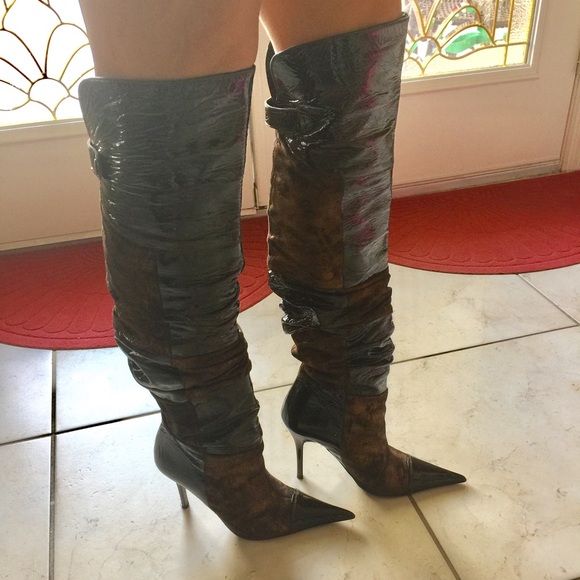 Aldo Shoes Patent Leather And Suede Brown Over The Knee Boots Poshmark
